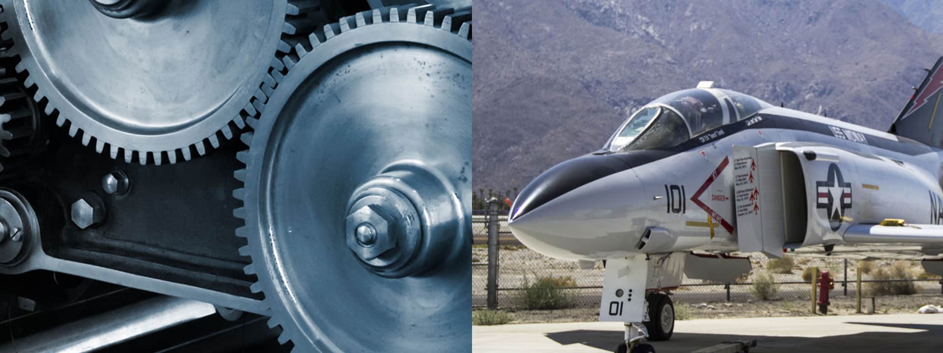 Close up split photo with metal machine piece and military plane