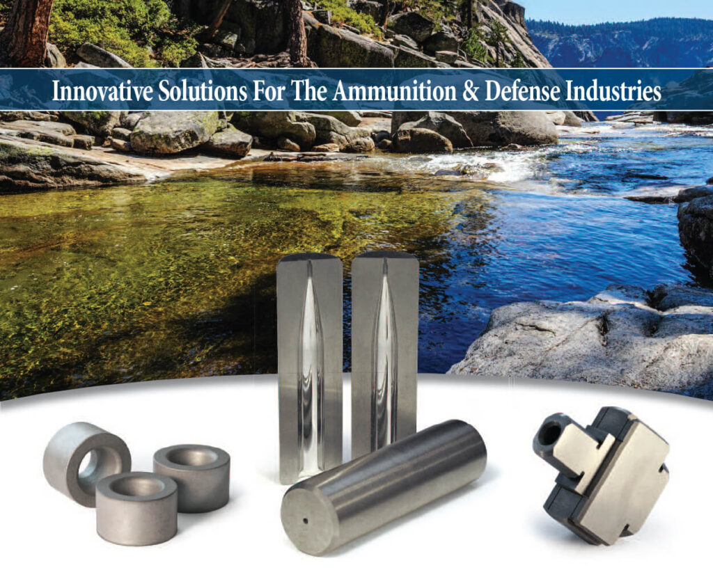 innovative brochure cover for ammunition and defense showing carbide parts and image of mountain with river