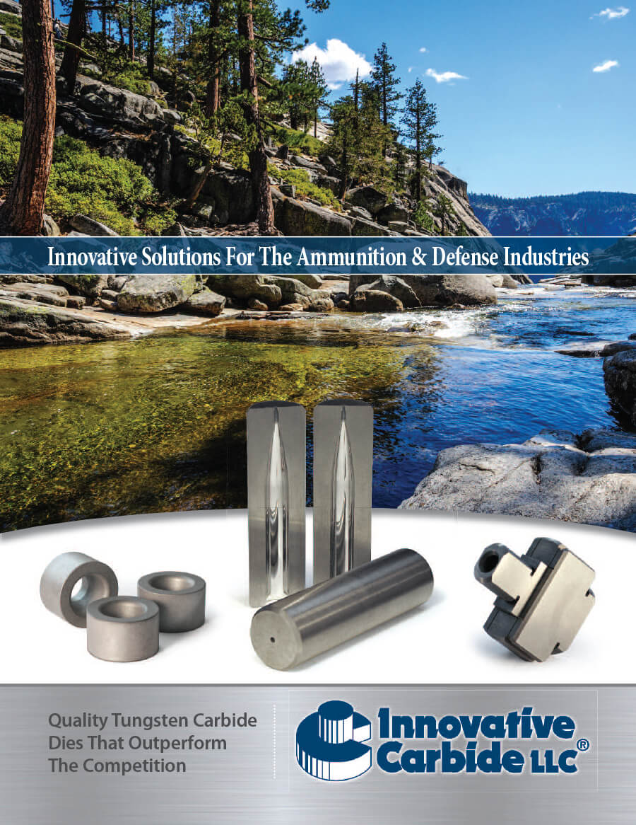 innovative brochure cover for ammunition and defense showing carbide parts and image of mountain with river